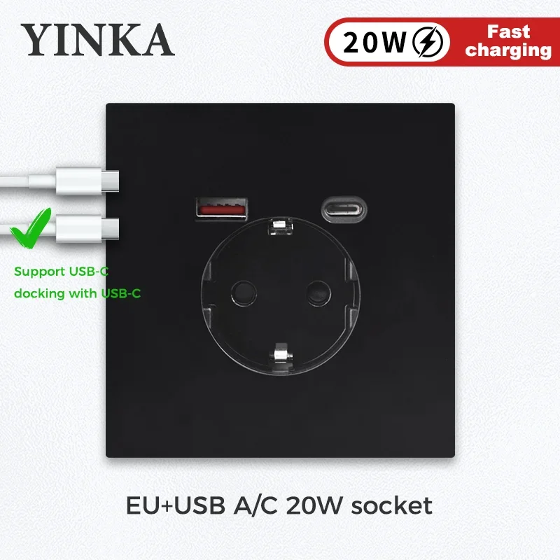 

Настенная розетка YINKA стандарта ЕС с пластиковой панелью, 16 А, стандартная французская Розетка с USB Type-C, зарядка Por мА 86 типа