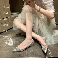 2022 summer women rhinestone transparent sandals baotou low heel flat pointed toe crystal women shoes dress pumps shoes