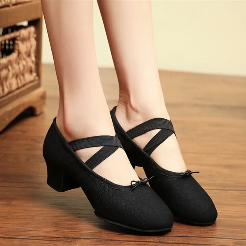 SUN LISA Women's Lady's Girl's Teacher's Dancing Shoes Soft Pointe Ballet Jazz Dance Shoes Canvas Chunky Heel