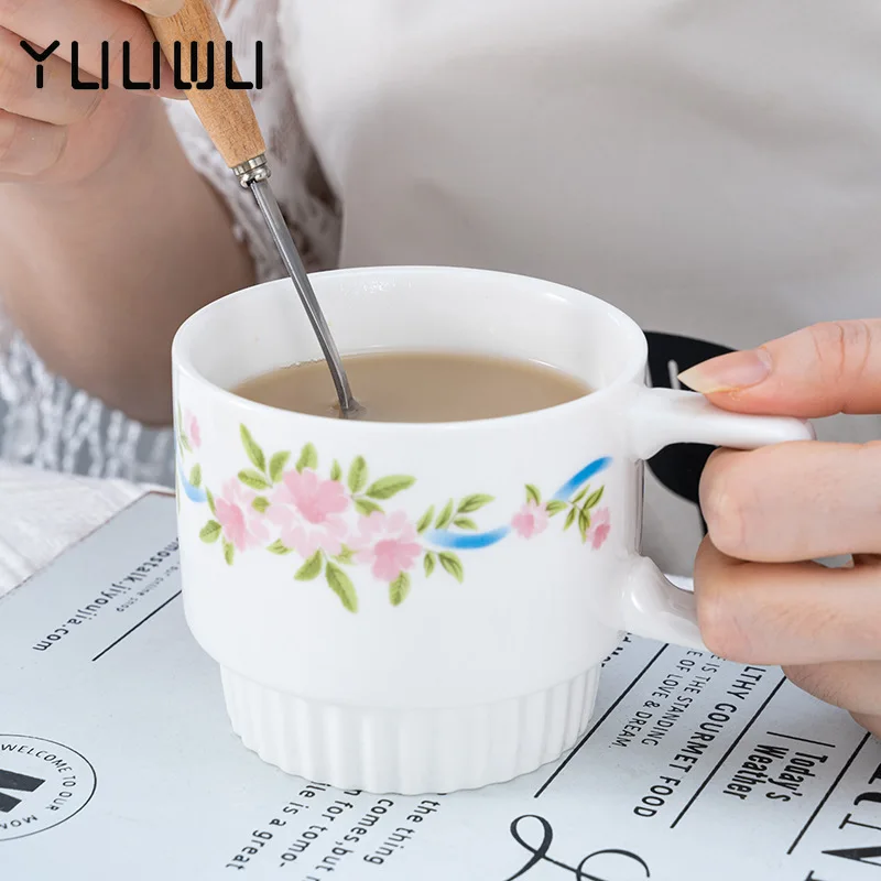 

1Pcs Korean Style Flower Printed Ceramic Mugs Creative Breakfast Milk Tea Cereal Cup Home Office Cafe Coffee Mug Drinkware 350ML