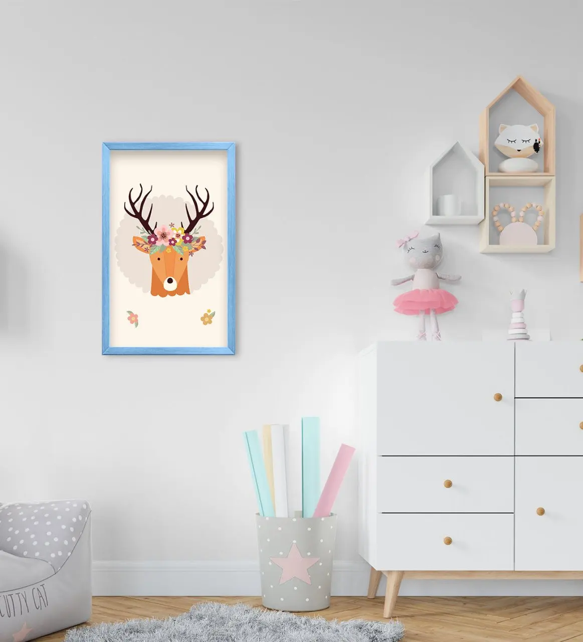 

BK Home Cute Deer Design Decorative Blue Wood Framed Kids Room Tablo-1