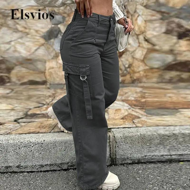 Casual Solid Color Trousers Spring Autumn Hipster Fashion Female Straight Cargo Pants Vintage Pockets Mid Waist Women Long Pants