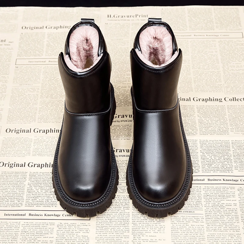 Leather and Fur Shoes for Women Waterproof Black Women's Snow Boots Furry Winter 2023 Shoe Padded Footwear Boot Booties on Sale
