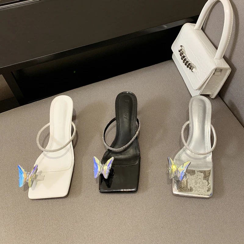 

White Black Silver Women Slippers Narrow Band Butterfly Thin Mid Heels 2022 New Arrivals Party Thin High Heels Pumps Shoes 35-39