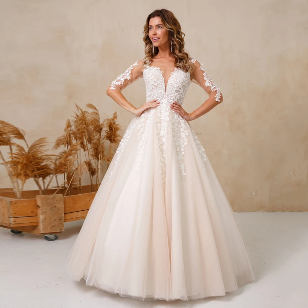 Elegant A Line Wedding Dress For Bride Illusion Sleeves V Neck Champagne Bridal Gown Button Back Floor Length Свадебное платье  - buy with discount