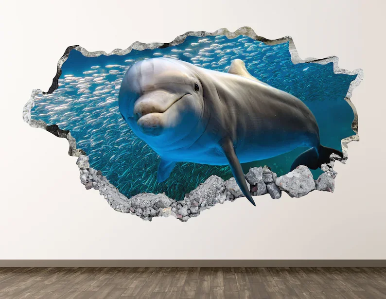 

Wild Dolphin Wall Decal - Ocean Animal 3D Smashed Wall Art Sticker Kids Decor Vinyl Home Poster Personalized Gift KD517