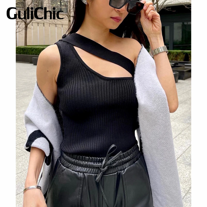 

5.12 GuliChic Women Temperament Irregular Solid Color Comfortable Slim Knitted Halter Tank Top A Variety Of Wearing Methods