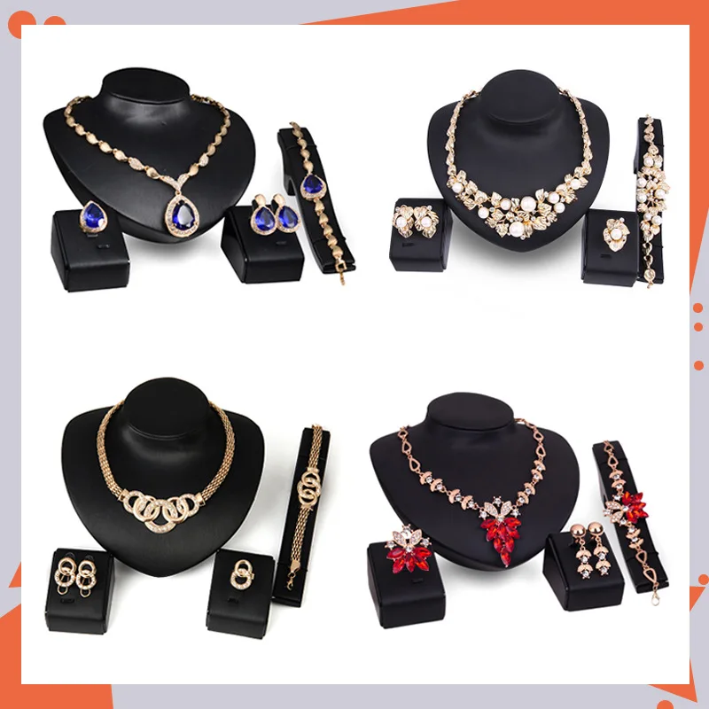 

Ladies Jewelry Set Wedding Bracelet Necklace Earring Ring Four Piece Jewelry Transparent Crystal Ring Set Valentine's Day Gift