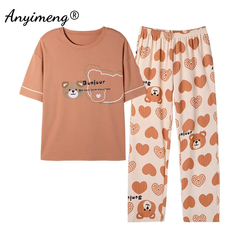 

New Summer Cotton Pajama Cartoon Pajamas for Women Short Sleeved Long Pants Kawaii Bear Print Nightwear Fashion Loungewear