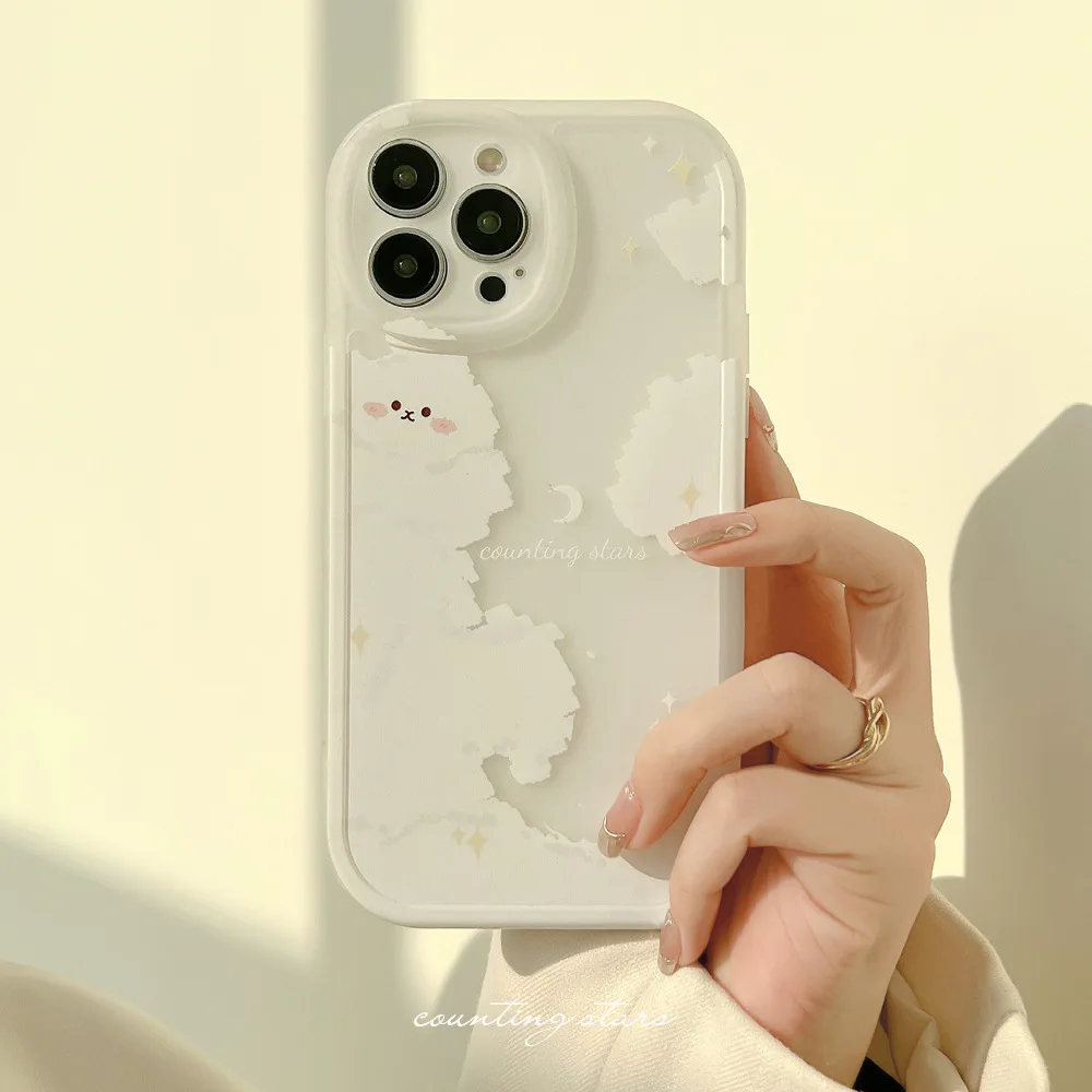 

Cute Clouds White Bear Lens Protection Soft Phone Case For iPhone 11 12 13 Pro Xs Max Xr X 7 8 Puls SE Shockproof TPU Cover