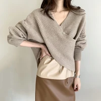 korean fashion v neck knit sweater top blusa elegant female solid pullover loose women irregular fluffy lazy oaf sweater new