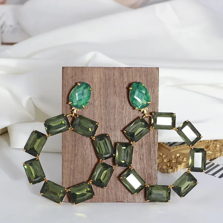 

European and American fashion green crystal round design earrings