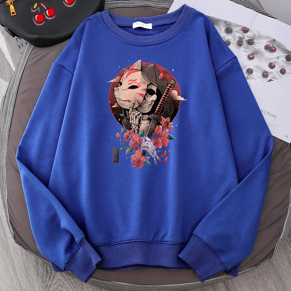 

Мужская Флисовая Толстовка с капюшоном, мессенджер смерти и жизни, череп аниме, цветы, самурайский меч, модный Свитшот оверсайз с круглым вы...