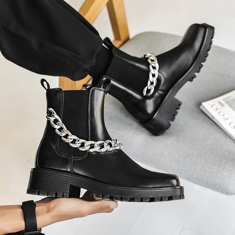 

Ботинки Челси мужские на толстой подошве, модные повседневные Винтажные ботинки в стиле панк/готика, мотоботы мартинсы с цепочкой, уличная ...