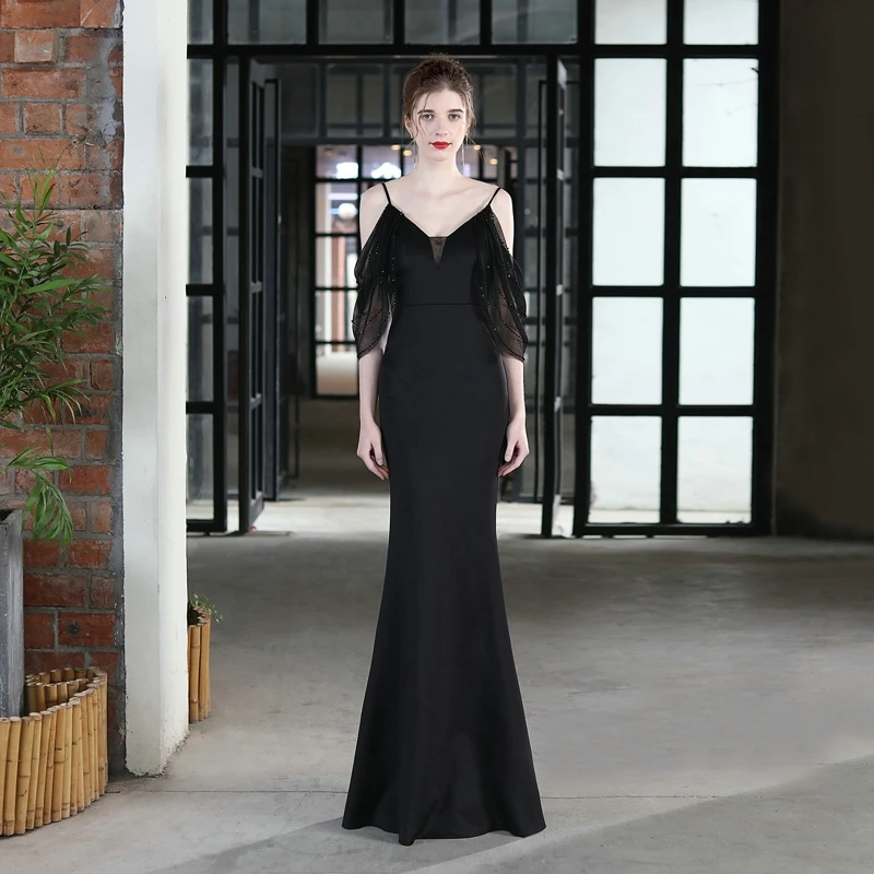 

Aoottii Elegant Beads Black Evening Dress Women's Strap Dress Long Party Dress YD18667