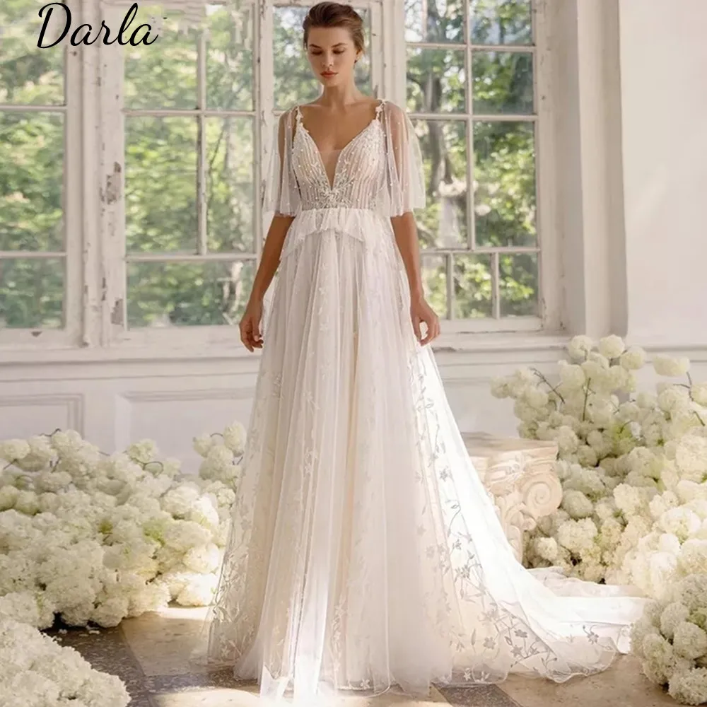 

Darla Deep V-Neck Wedding Dress Tulle Lace Appliques Modern A-Line Bridal Gown Backless Court Train Zipper Dots Robe De Mariée