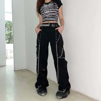 weiyao eyelet chains punk style black cargo pants women goth techwear zip up low waist korean fashion streetwear trousers