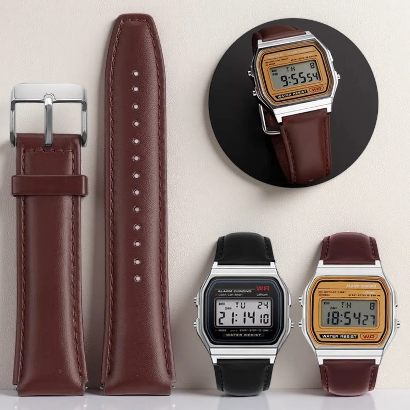 Фото Ремешок для часов из воловьей кожи для Casio AE1200 AE1300 A159W-N1 A158WA A168, винтажный маленький квадратный быстросъемный ремешок-цепочка, 18 мм, мужской. №2