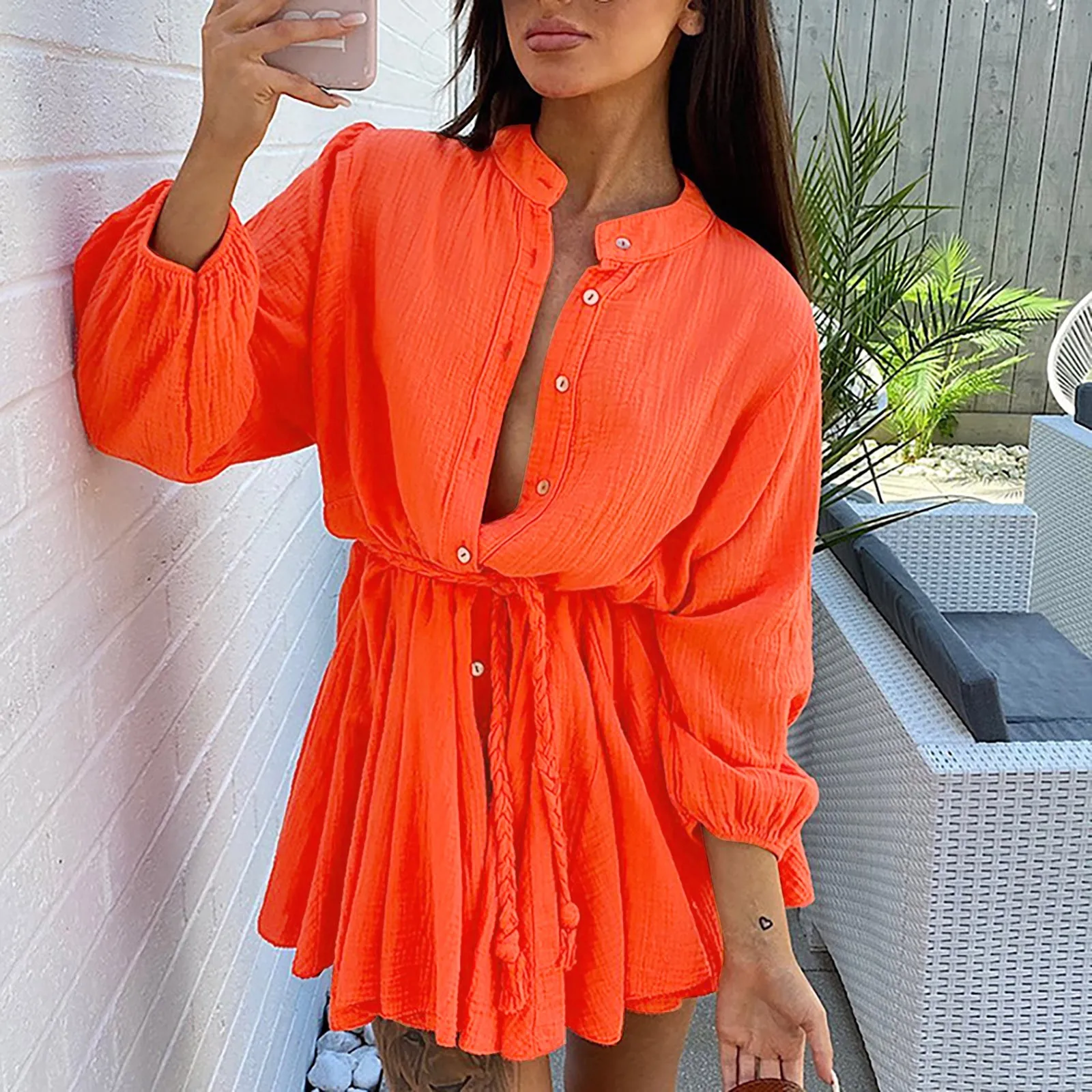 

Женские повседневные платья с оборками и завязками, расклешенное летнее однотонное мини-платье с длинным рукавом и свободным кроем