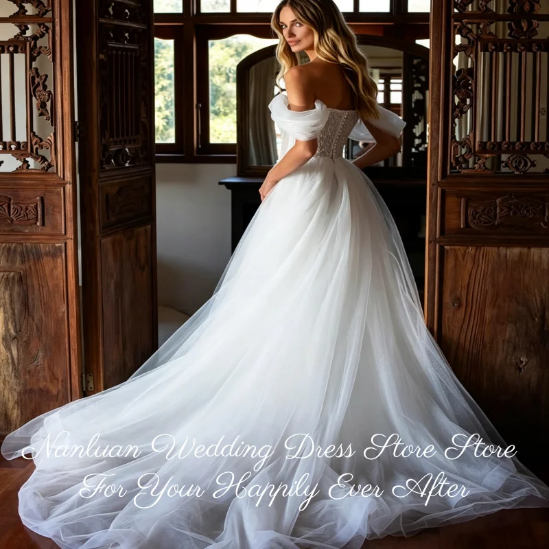Фото Свадебное платье 2026 Styles Princess из блестящего тюля с открытыми плечами, жемчужным и стразовым лифом, шлейфом-чапел, Vestidos de Novia, на заказ №3