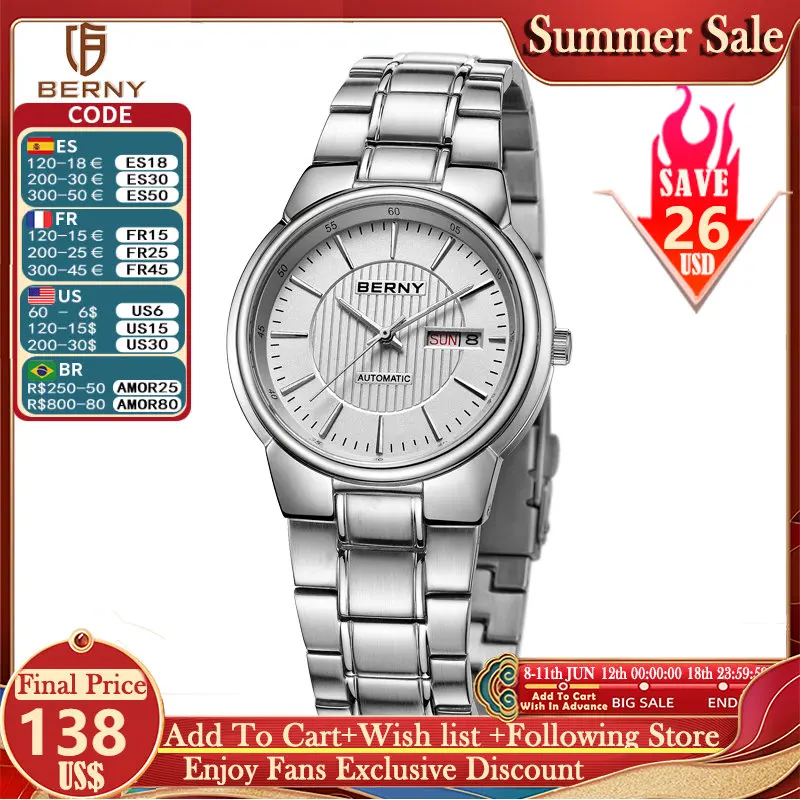 

Часы наручные BERNY Мужские механические, роскошные японские однотонные водонепроницаемые автоматические, с календарем и стальным ремешком, 8205