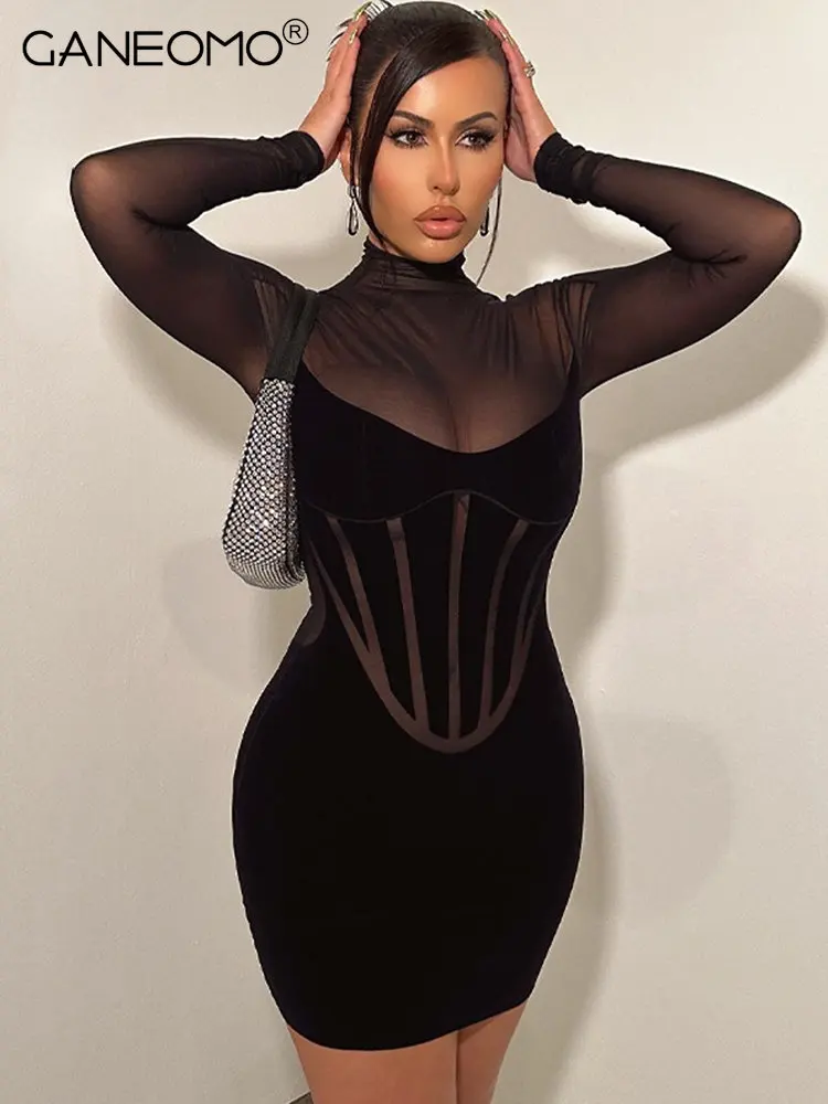 

Сетчатый прозрачный сексуальный корсет, мини-платье для женщин, элегантные модные наряды, Клубные вечерние облегающие Женские платья с дли...