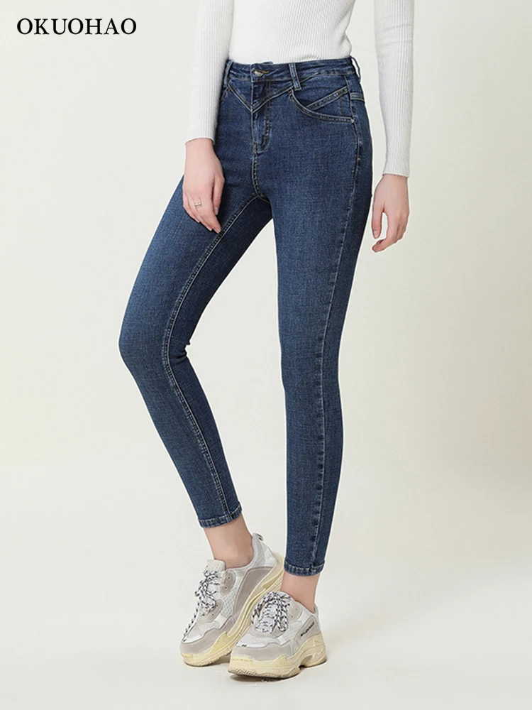 

Женские Стрейчевые обтягивающие джинсы с высокой талией, Осень-зима 2022, облегающие мягкие джинсовые штаны с эффектом потертости, модные нов...