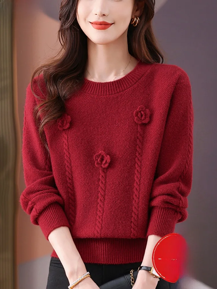 Hengyuanxiang 2024 осенне-зимний новый толстый свитер с круглым вырезом и цветком женский