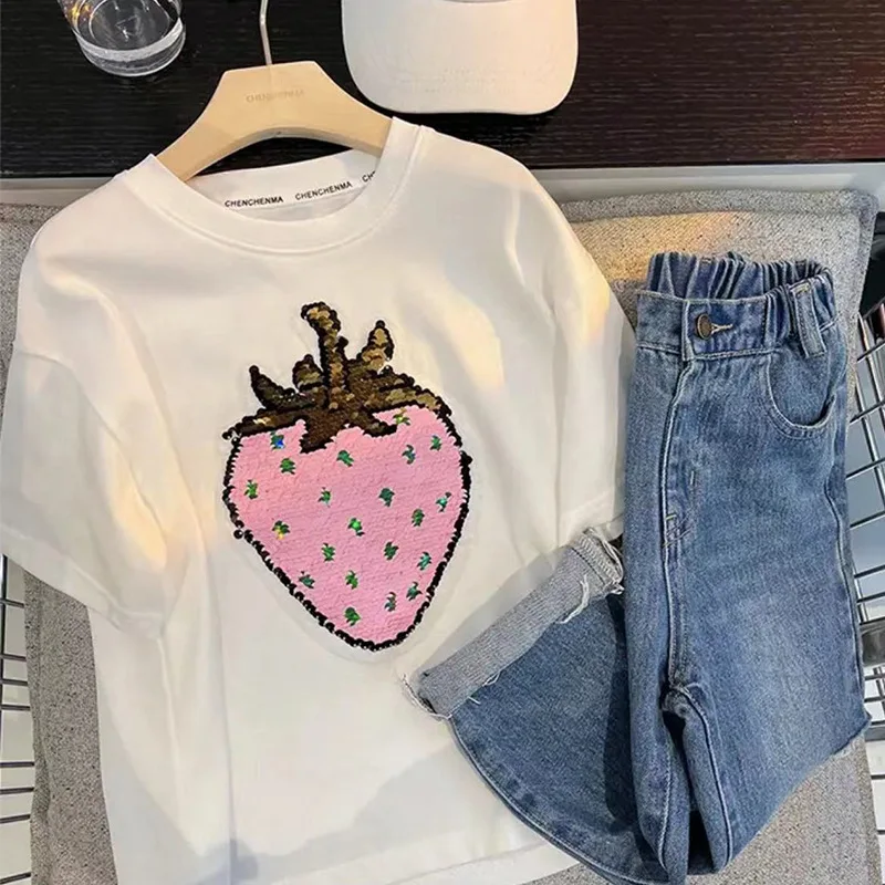 MILA CHOU 2022 Summer Baby Girls Cotton Change Colour Strawberry T-shirt Children Casual Short-sleeve O-neck Tee Kids Clothes