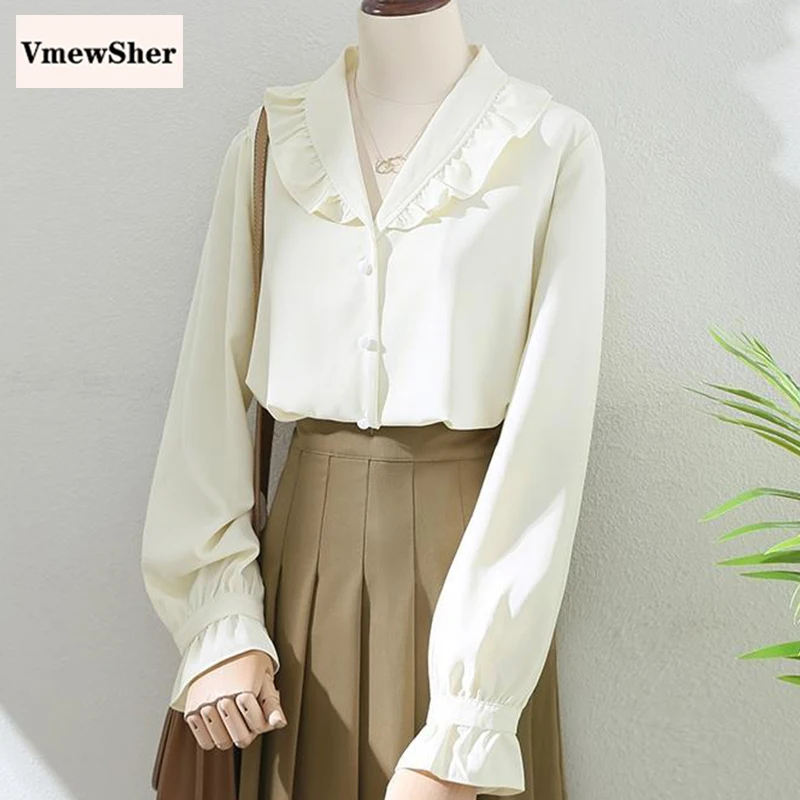 

Женская шифоновая блузка VmewSher, Однотонная рубашка в стиле ретро, на пуговицах, с отложным воротником и длинными рукавами, офисные топы на ве...