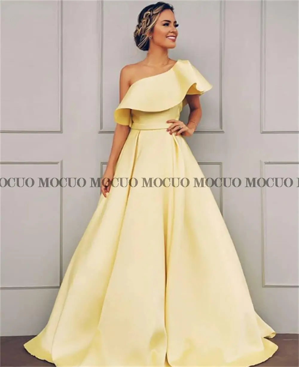 

Fashion Evening Dresses Long Luxury 2022 Celebrity Ruffles One Shoulder Sleeve Daffodil Off-Shoulder Straight Skirt