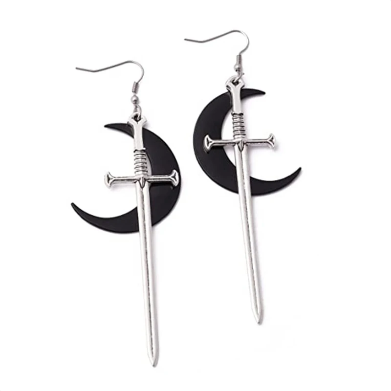

Alloy Punk Black Moon and Sword Dangle Earring Gothic Ear Embellishment for Girl