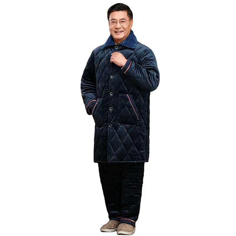 Men's pajamas in winter, lengthened coral velvet, three-layer cotton sandwich, thickened velvet for middle-aged and elderly