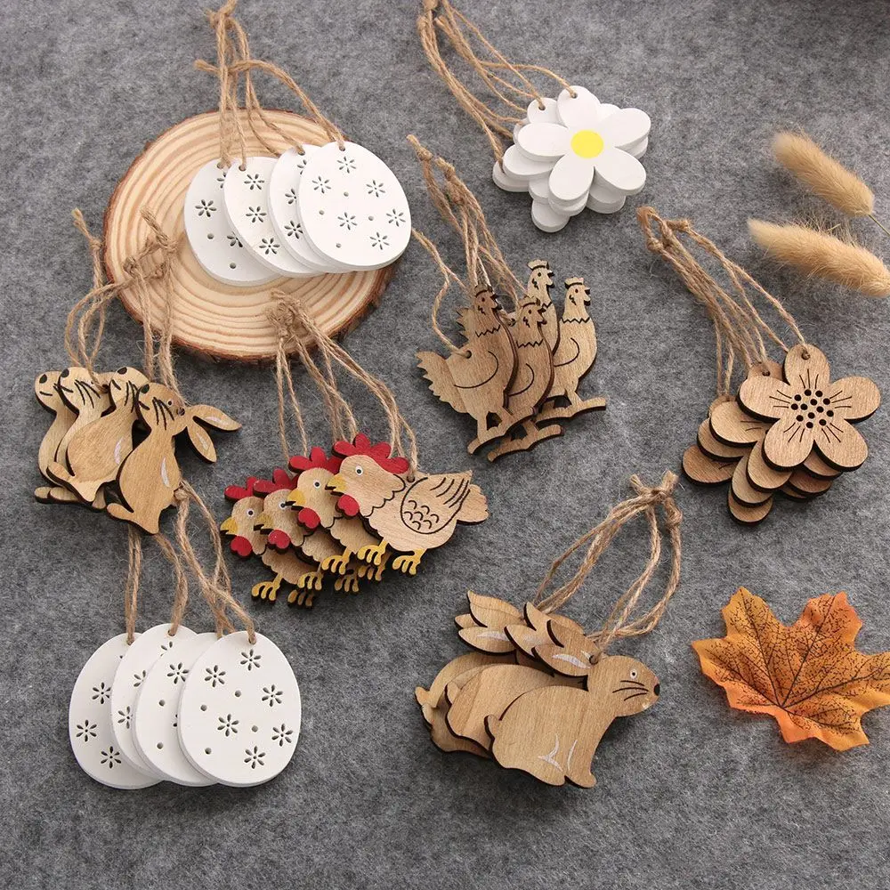 

8Pcs/Set Natural Wooden Easter Decorations Hanging Ornaments Easter Eggs Rabbit Handcraft Easter Wood Chips Household Home Decor