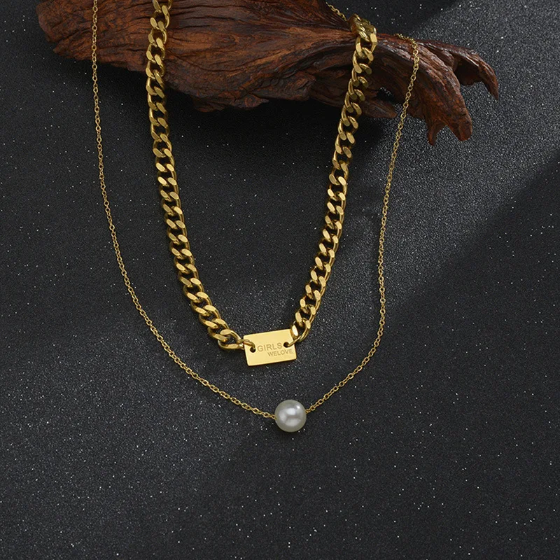 

ALLNEWME Classic Gold Silver Color Stainless Steel Chokers Necklace for Women Girls Imitation Pearl Pendant Necklace Accessories