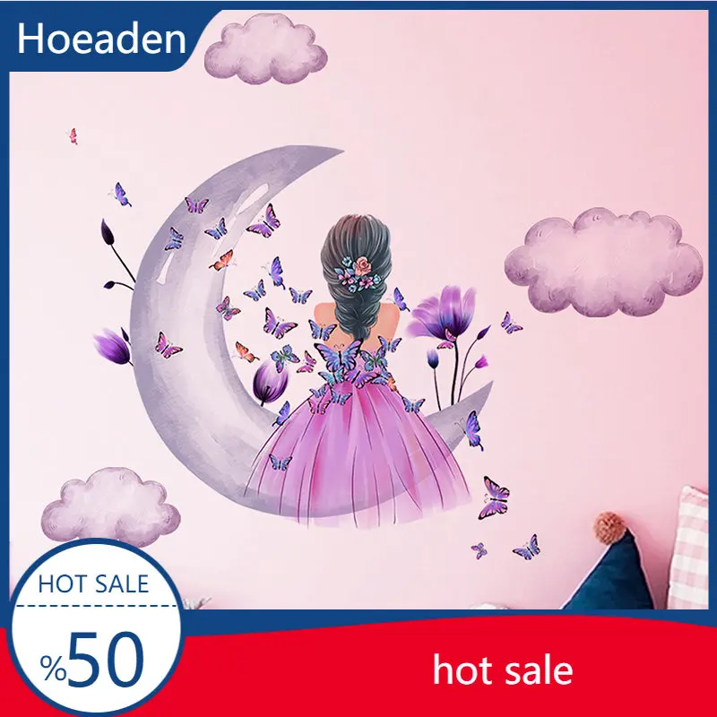 

Butterfly Little Girl Gray Moon Clouds Wall Stickers Removable Vinyl Home Decor Living Room Bedroom Self-adhesive Decoration