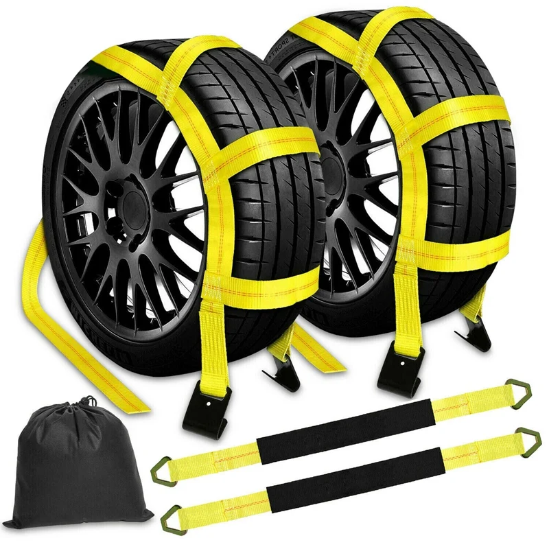 

2Pcs Basket Tiedown Tow Dolly Straps Adjustable Car Wheel Net Basket Straps Flat Hook Heavy Duty Yellow