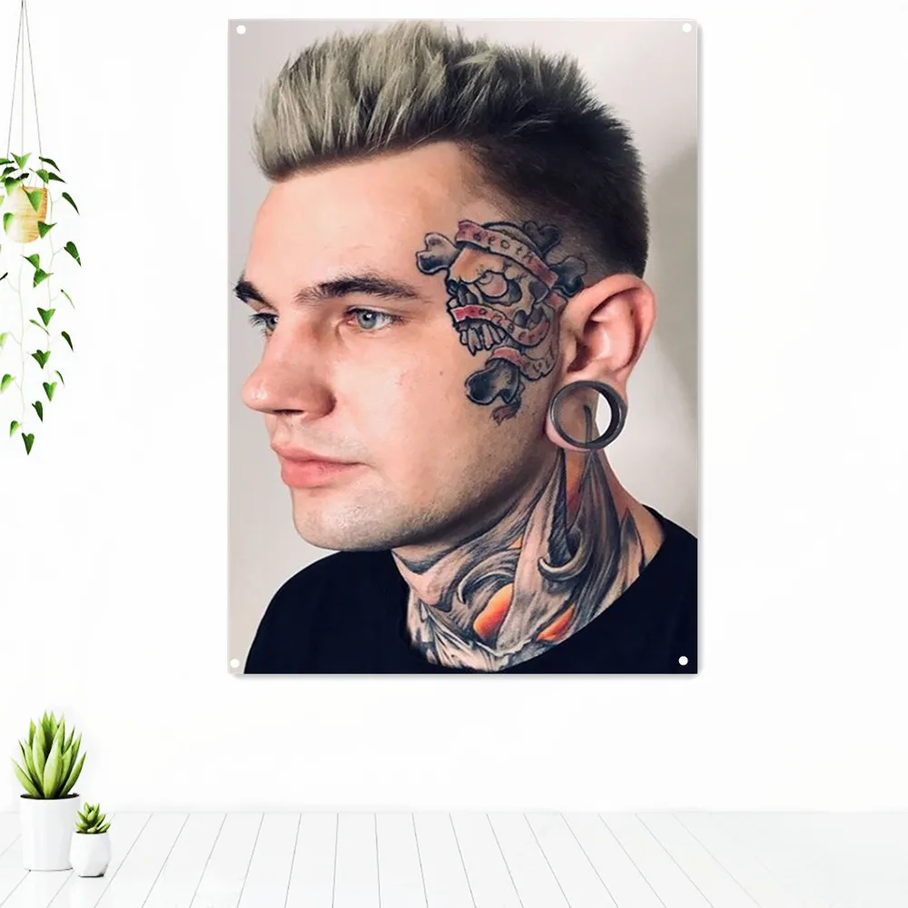 

Head Neck Skull Tattoo Art Poster Tapestry Wall Hanging Flag Mural Men's Side Hairstyle Barber Shop Wall Decor Painting Banner