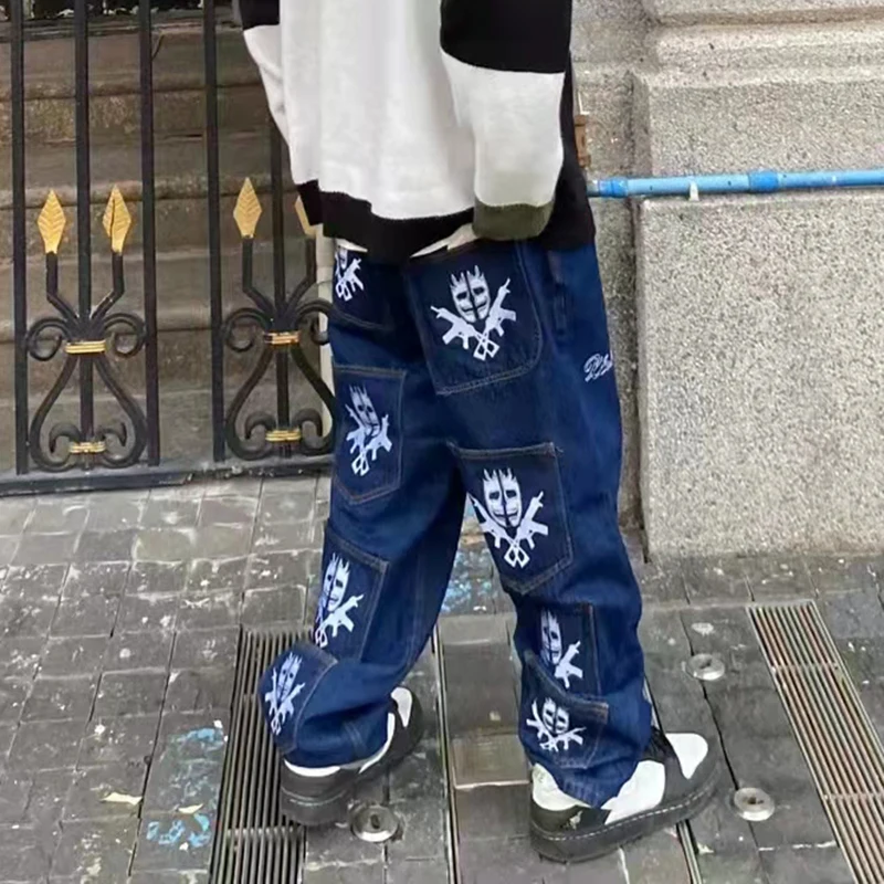 Retro Skull Gun Embroidery Washed Mens Jeans Pants Straight Spliced Ripped Loose Denim Trousers Oversized Casual Couple Pants