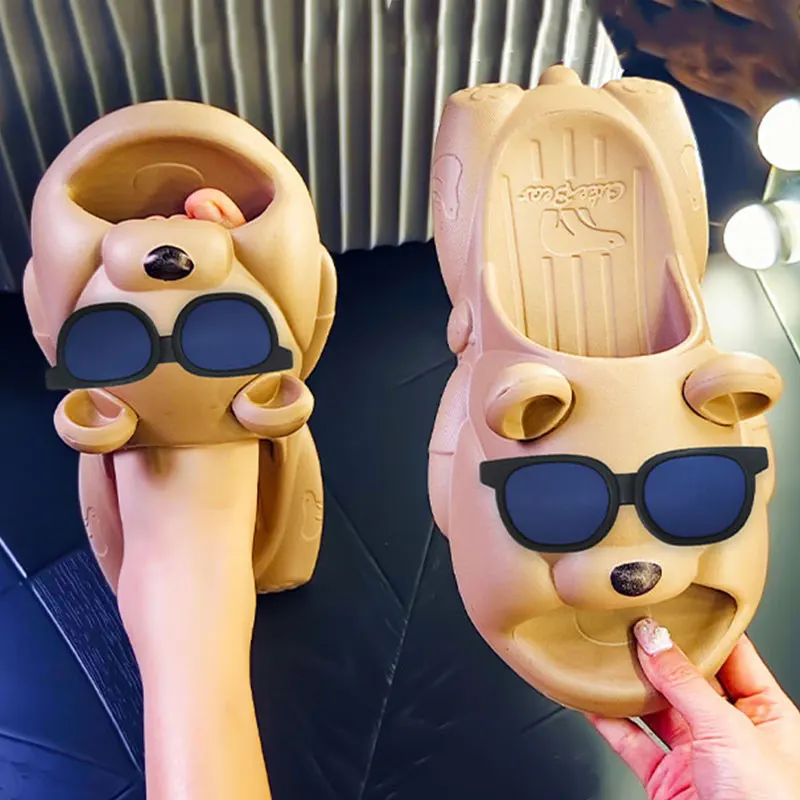 Women's Indoor Non-slip Bread Sandals EVA Soft Slippers Home Lovely Cartoon Sunglasses Bear Deco Slides Outdoor Cozy Beach Shoes