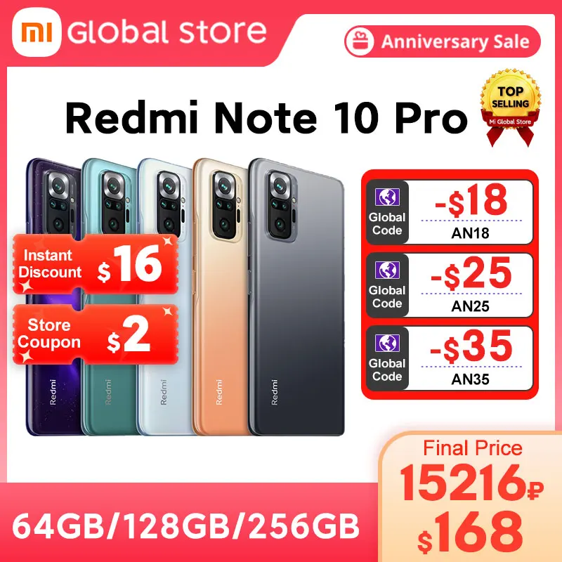 Global Version Xiaomi Redmi Note 10 Pro 128GB / 256GB Smartphone 108MP Camera Snapdragon 732G 120Hz AMOLED Display