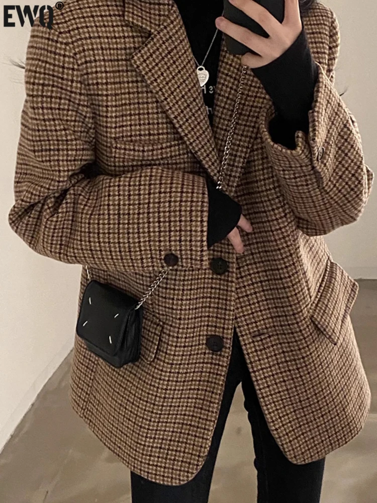 

Женский винтажный блейзер в клетку [EWQ], однобортный пиджак с длинным рукавом и карманами, Осень-зима 2023