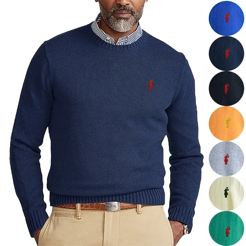 

Spring Autumn Casual Men Solid Sweaters Pullovers Long Sleeve 100%Cotton Embroidery Horse O-Neck Knitted Male Sweaters 8507