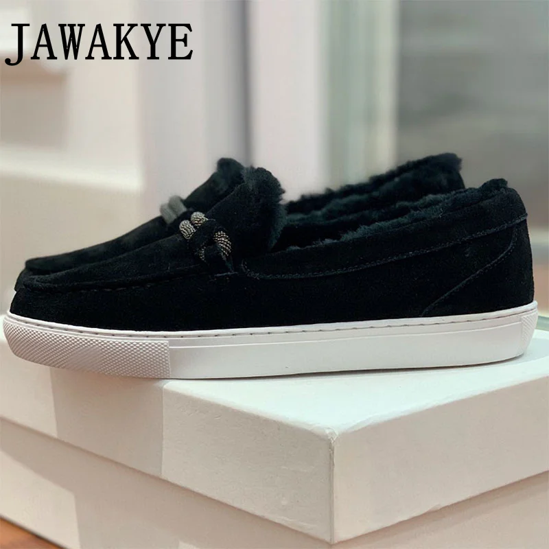 Зимние теплые женские лоферы на плоской подошве с круглым носком женская