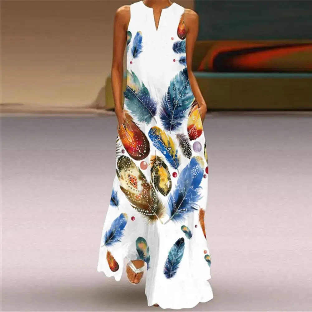 

Charming Beach Dress Anti-pilling Summer Dress Sleeveless Summer Feather Print Casual Midi Dress Dressing Up