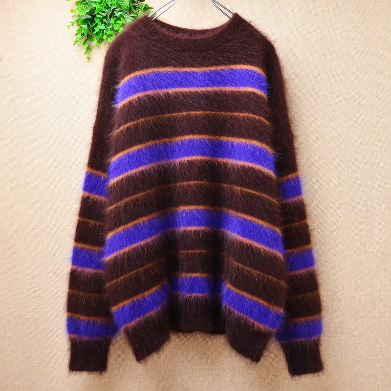 Повседневный Модный женский полосатый пушистый осенне-зимний вязаный пуловер из