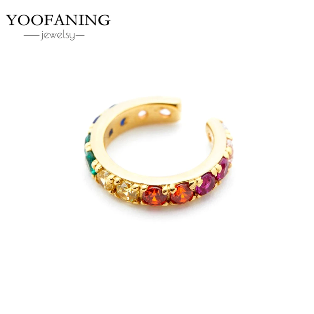 Фото Серьги-клипсы YOOFANING с позолотой 24k, серебряные, с разноцветными кристаллами циркона, простые, в стиле INS, С-образные, без прокола, оптом №5