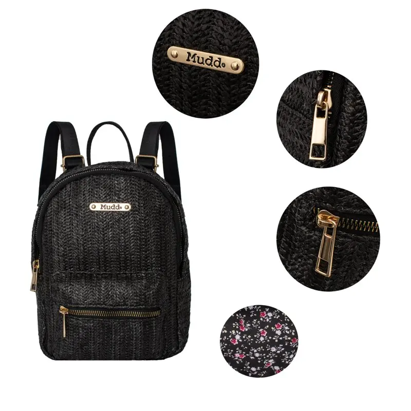 Mudd Women's Black Straw Backpack With Adjustable Shoulder Strap For School and Travel