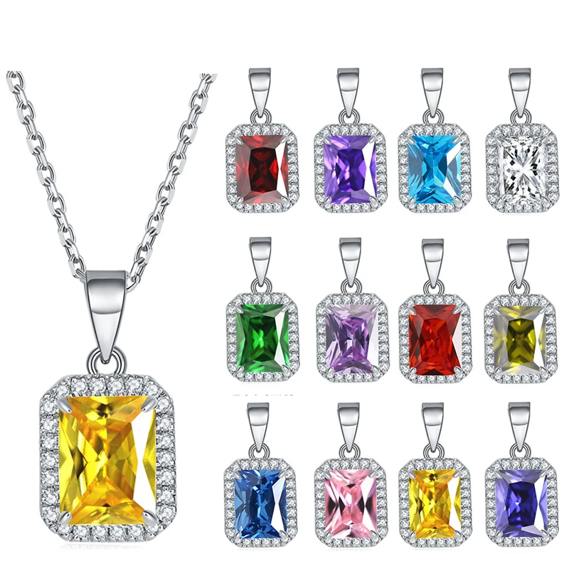 

Real 925 Sterling Silver Necklace Luxury Rectangle Multicolor Pendant Necklaces For Women Bride Wedding Party Best Jewelry Gifts