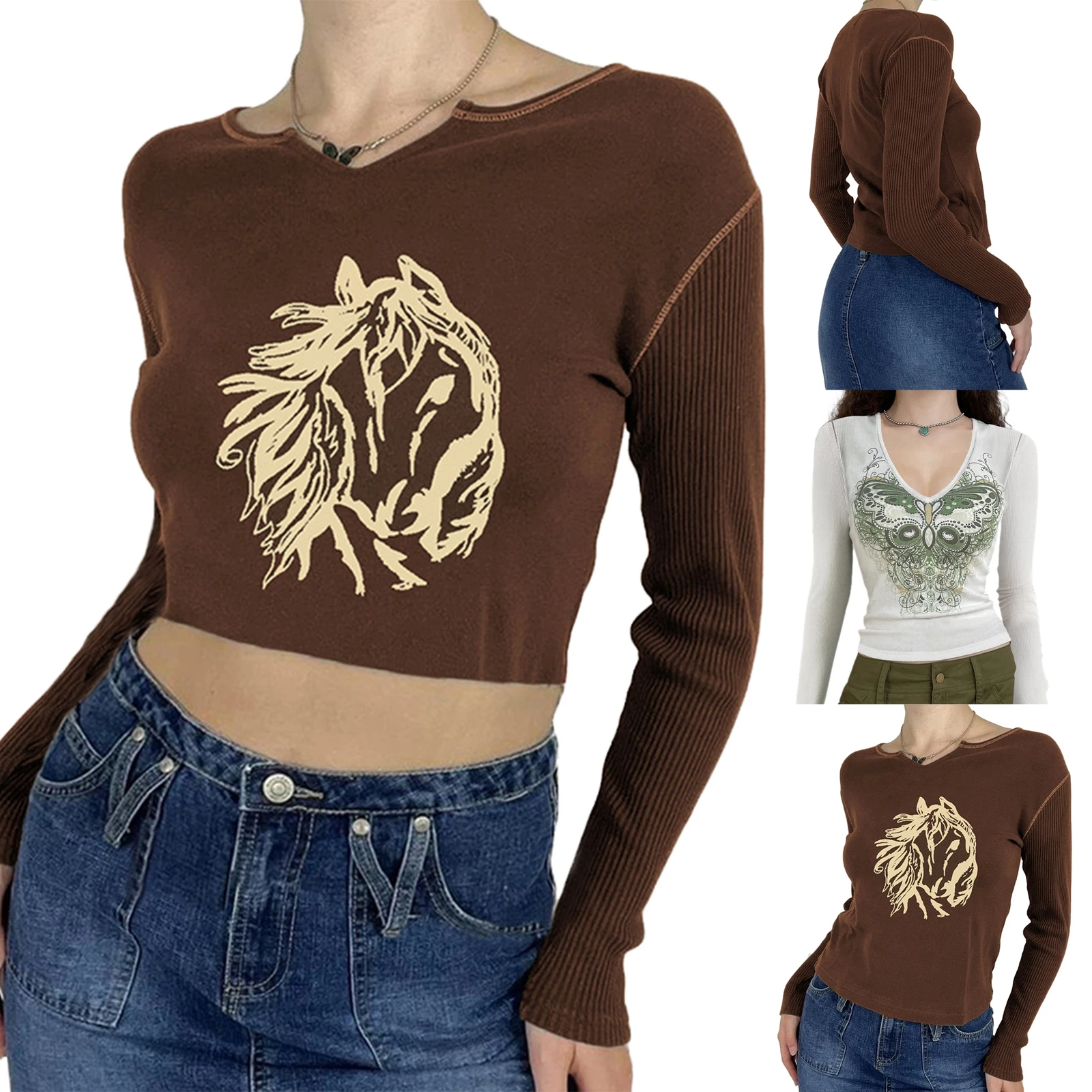 

Women Slim Pullover Vintage Grunge White Butterfly Print Long Sleeve V-neck T-shirt for Spring Fall Streetwear